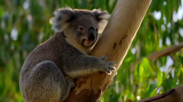 Tranquil Koala Sitting Securely On Eucalyptus Branch Amidst Vibrant Leafy Environment With Gentle Sunlight