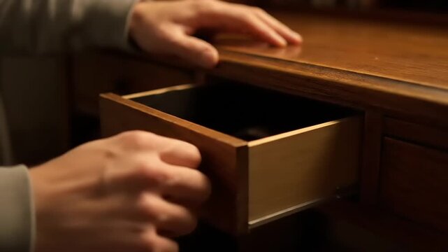 Opening a Wooden Drawer - A Close-Up View of Hands and Furniture.