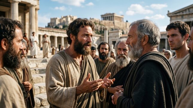 Apostle Paul preaching to a crowd of men in ancient Athens. Biblical scene from Acts 17 where men listen to the sermon. Concept of religious history, ancient faith, and preaching.