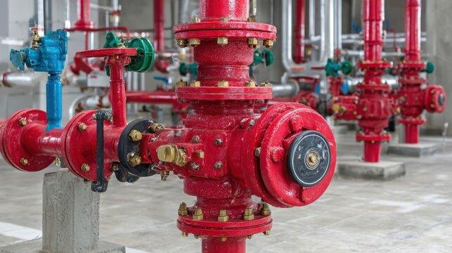 Industrial Water Supply Infrastructure with Red Pipes and Valves Installed in Modern Facility for Water Distribution and Management System