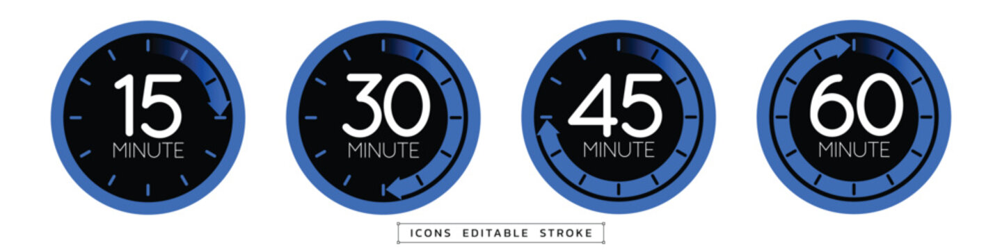 Vector set of BLUE and black timer icons showing 15, 30, 45, and 60 minutes. Modern flat design for countdown, deadline, cooking, or workout tracking. Editable stroke included.
