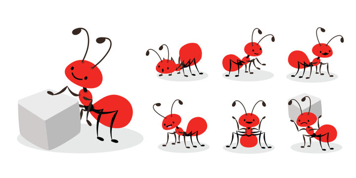 A collection of funny red ant cartoon characters in various poses: carrying, pushing, and lifting a sugar cube. Ideal for educational materials, mascots, and child-friendly designs.