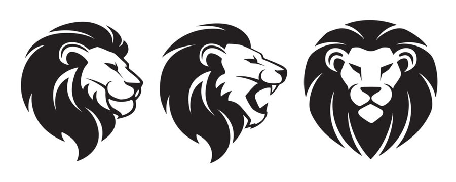 Set of premium lion head logos in minimalist black and white style. Includes front view and side profiles. Perfect for sports mascots, corporate branding, or tattoo designs.