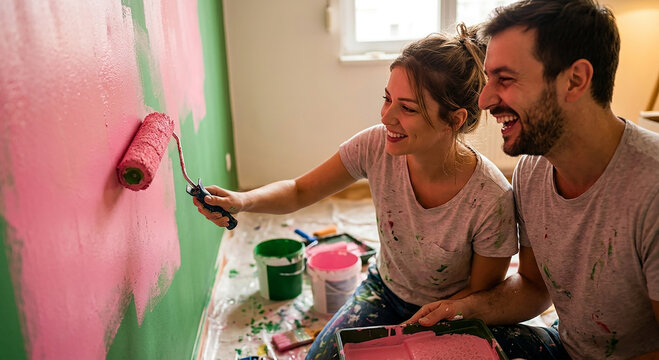 Pareja joven divirti&eacute;ndose mientras pintan su nueva casa. J&oacute;venes ilusionados haciendo bricolaje reformando su hogar. Happy young couple having fun while painting the wall of their new home.