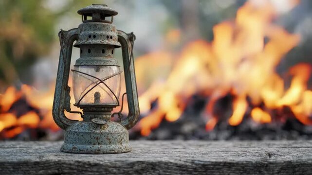 Antique kerosene lantern resting on weathered wood with a warm campfire burning in the background, evoking rustic ambiance