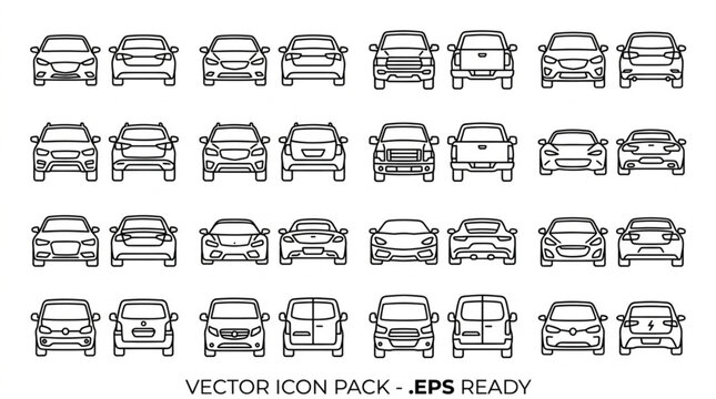 Collection of Car Icons Front View Vector Graphics.