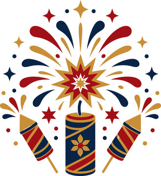Colorful indian fireworks display with firecrackers and exploding starburst for diwali festival vector illustration.