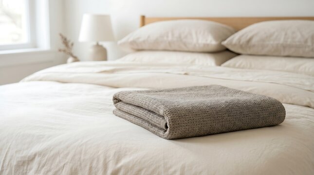 Organic cotton sheets with a folded greige throw blanket