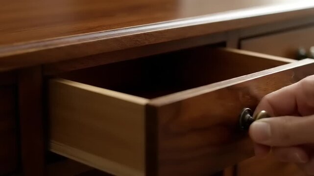 Opening a wooden drawer with a hand in close-up shot.