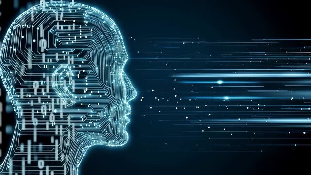 Futuristic Digital Brain Circuit Technology AI Data Processing, Abstract Digital Head Symbolizing