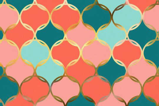 Colorful Moroccan scale pattern background with gold outlines