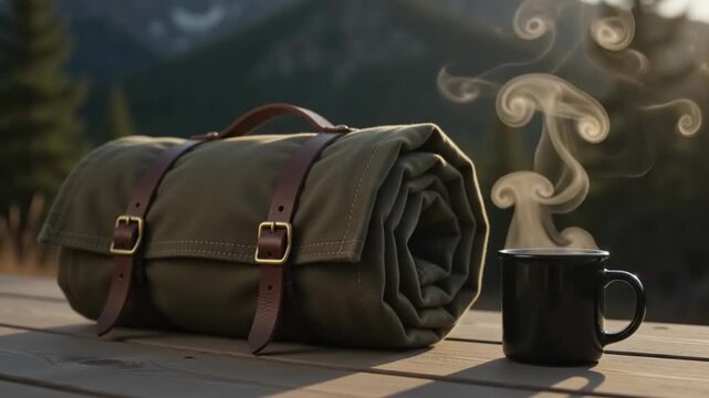 Rolled canvas camping blanket with leather straps next to steaming mug of coffee on rustic wooden table, mountain forest background, outdoor adventure