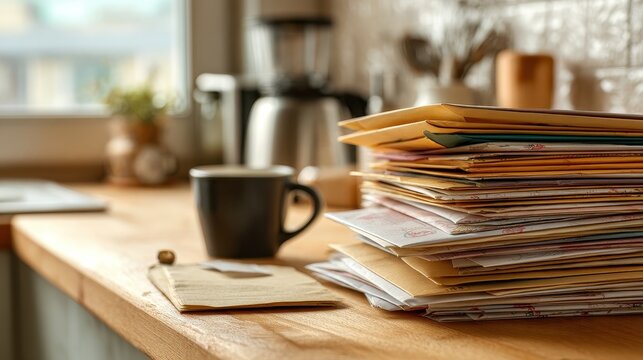 Envelopes and letters scattered across a cozy home kitchen counter