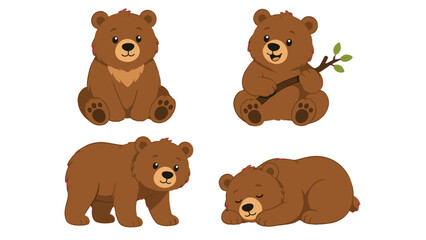 Fototapeta premium Cute brown bear cartoon set with sitting, walking and sleeping poses