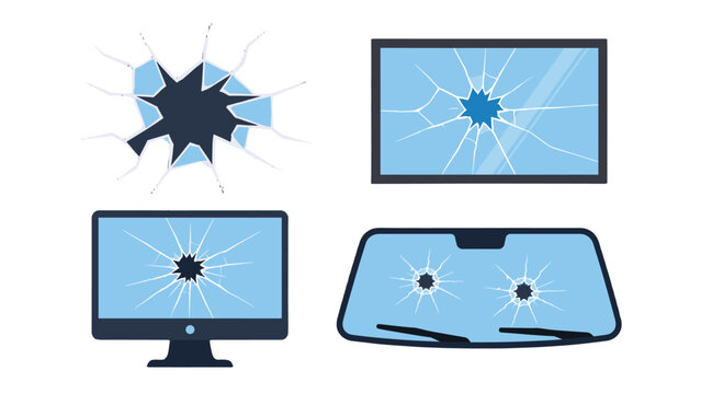 Set of cracked glass and damaged screen vector illustrations
