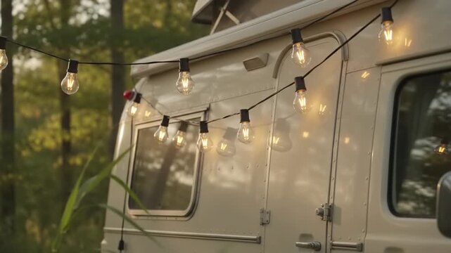 String of glowing Edison bulb lights strung across an RV camper in a forest setting, warm evening glow, outdoor ambience