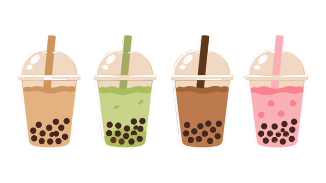 Cute bubble tea cups in assorted flavors vector illustration