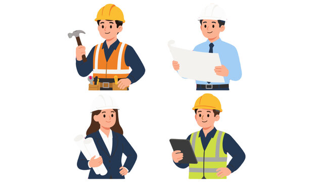 Construction team and engineers with tools and plans illustration