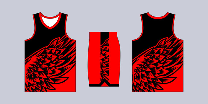Basketball jersey template with red and black wing pattern for sports uniform apparel design