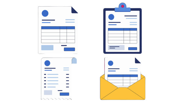 Invoice and receipt document icons with clipboard and envelope
