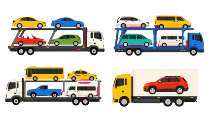 Naklejka premium Set of car carrier trucks transporting assorted vehicles