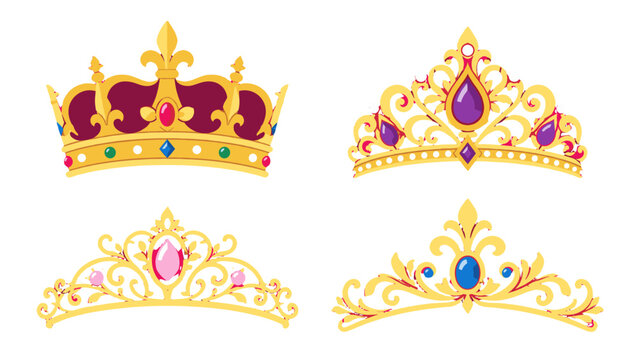 Set of ornate golden crowns and tiaras with jeweled details
