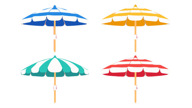 Set of four striped beach umbrellas isolated on white