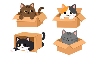 Cute cartoon cats playing in cardboard boxes set © Mark