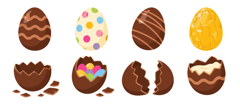 Set of decorated chocolate eggs and broken eggshell halves