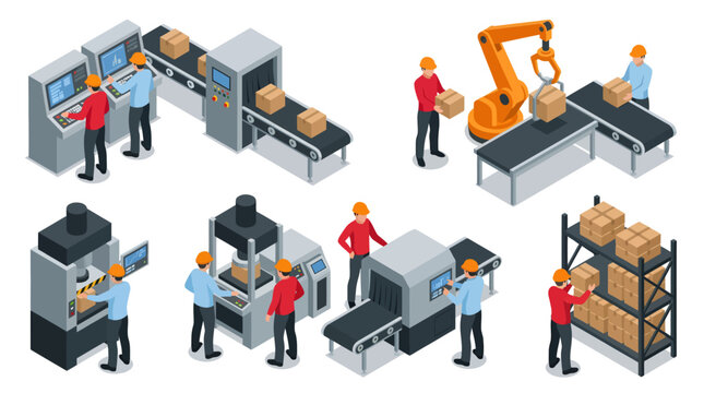 Isometric illustration of a modern industrial warehouse where workers in hard hats monitor control panels, operate robotic arms, manage conveyor belts, and organize cardboard boxes on storage shelves