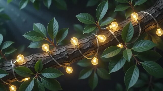 String lights entwined around a tree branch with lush green leaves, soft bokeh, and gentle sunbeams, evoking a magical forest atmosphere