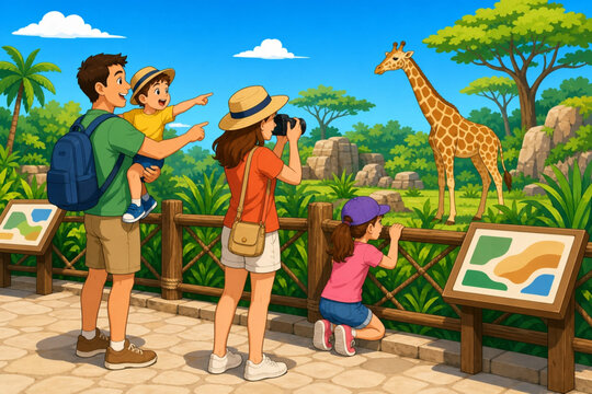 Family enjoying a zoo visit with a giraffe silhouette
