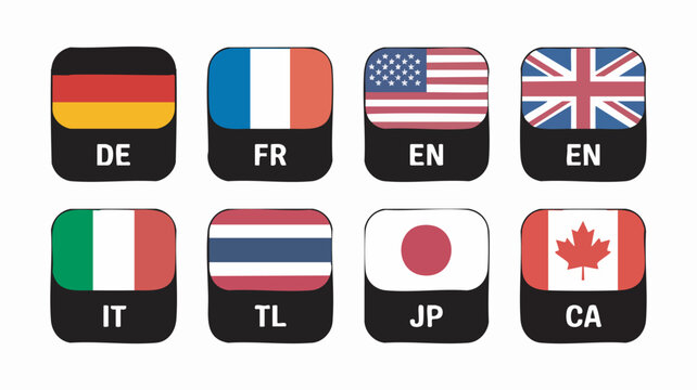 Collection of international flag icons with language codes designed as a set of flat vector elements for digital web interfaces