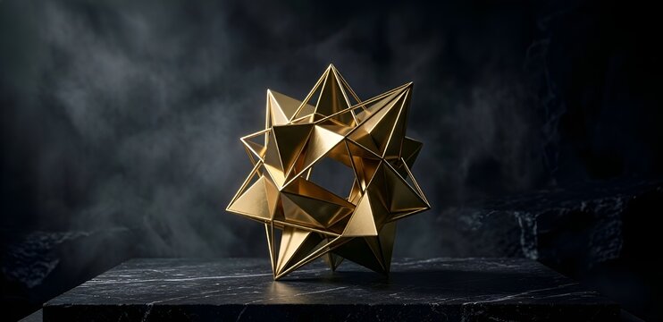 Luxury Gold Geometric Polyhedron Sculpture on Black Marble Podium with Atmospheric Smoke.