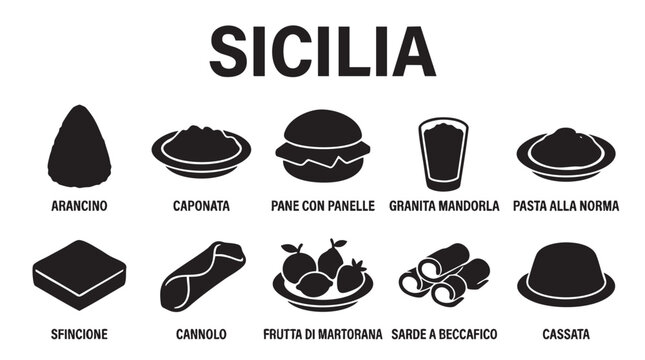 Sicilian food and drink traditional delicacies collection.