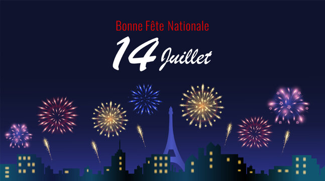 Festive banner for July 14th, Bastille Day, with fireworks exploding over Paris. Text BONNE FETE NATIONALE. For French holiday designs celebrating French culture, greeting cards. Vector illustration
