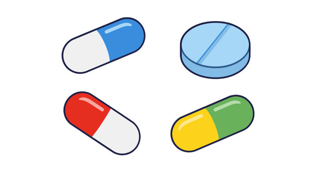 Cartoon medicine pills and capsule tablets isolated on white