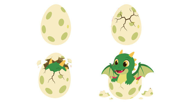 Cute dragon hatching from spotted egg in four cartoon stages