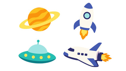 Cartoon space set with ringed planet rocket UFO and shuttle © Mark