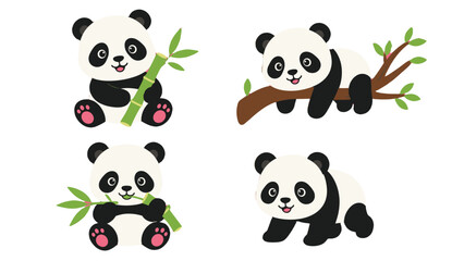 Cute panda cartoon set with bamboo and tree branch poses © Mark
