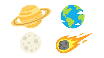 Cartoon space icons with ringed planet, Earth, moon and meteor © Mark