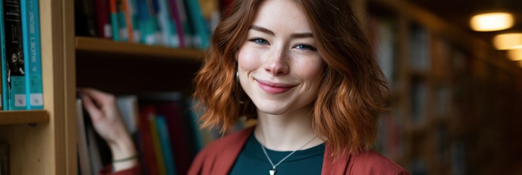 Young woman smirking while leaning against library shelf