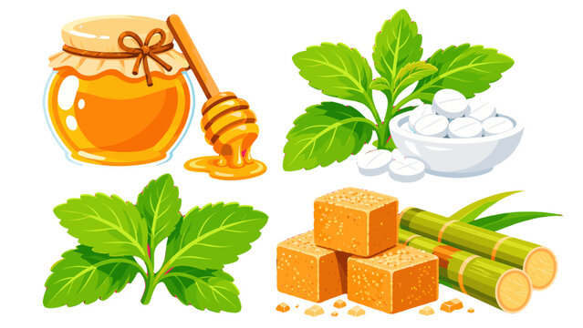 Cartoon sweeteners set with honey stevia tablets and cane sugar