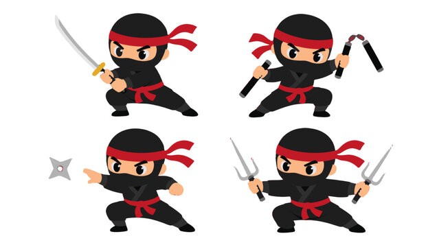 Cute ninja mascot character set in fighting poses with weapons