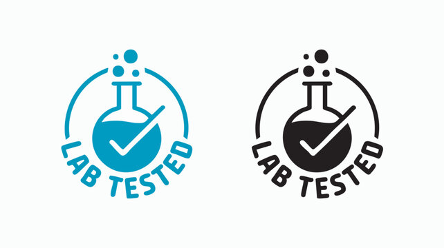 Two variations of a lab tested chemical flask icon featuring a check mark design for scientific research and quality assurance