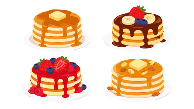 Cartoon pancake stacks with syrup, fruit, butter, and nuts