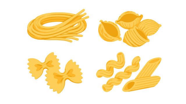 Set of assorted pasta shapes in a flat vector style