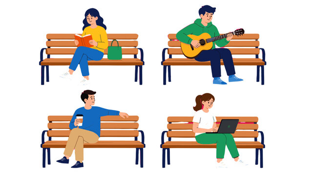 People sitting on park benches with book, guitar, coffee and laptop