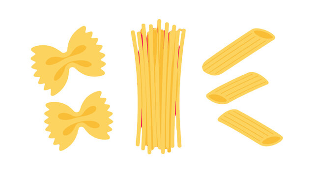Cartoon pasta shapes with farfalle spaghetti and penne set
