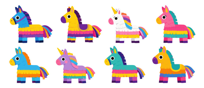 Set of colorful cartoon pinata donkey and unicorn characters